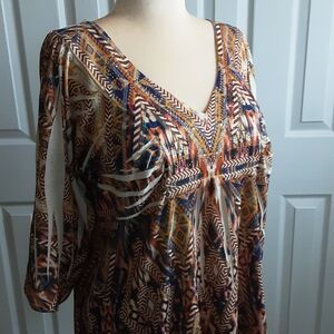 Tribal Print V-Neck Blouse in Earthy Tones
